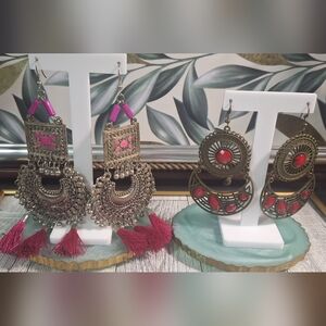 Bollywood Inspired Lot Of 2 Earrings Fuschia Tassell And Red Cabachon Sets.